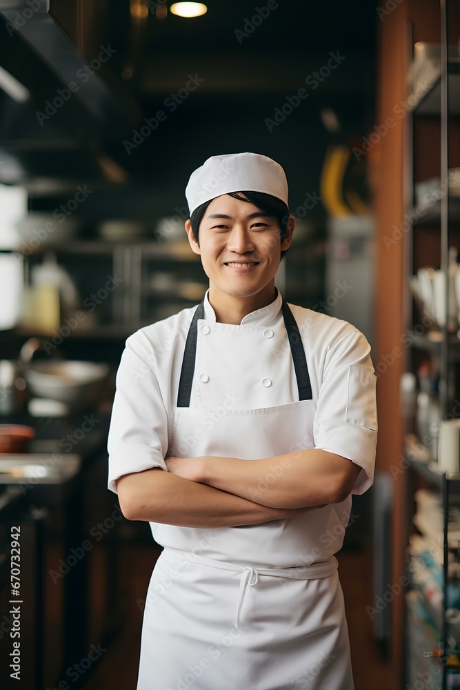 Asia male chef wearing chef's uniform and high chef hat with arms