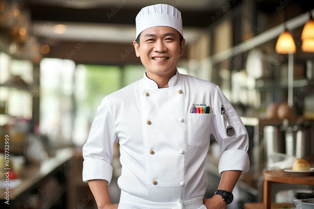 Asia male chef wearing chef's uniform and high chef hat with arms akimbo, on kitchen background. generative AI