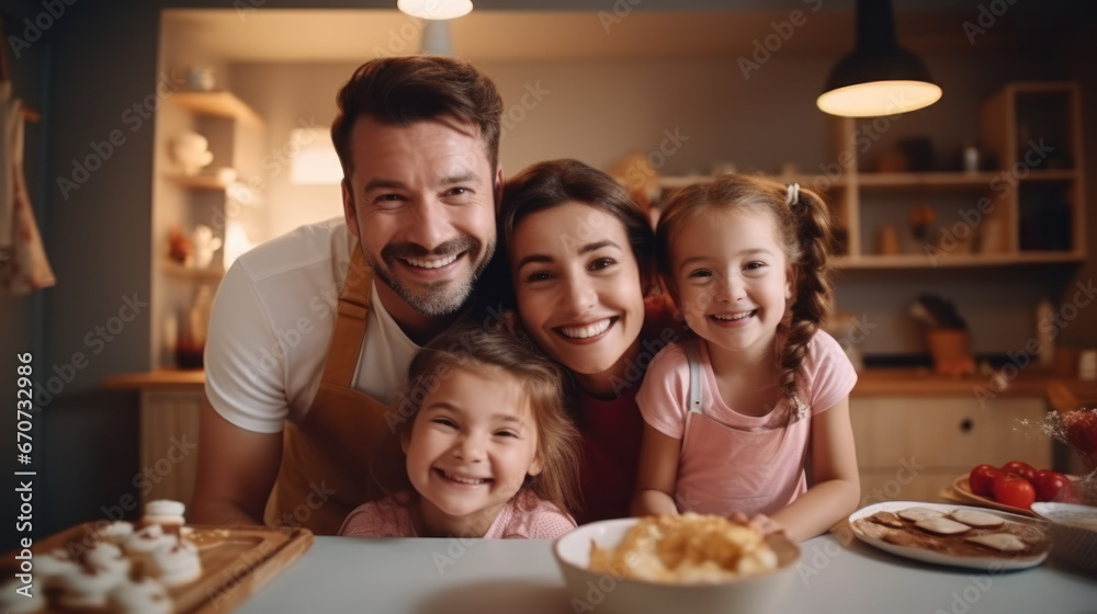 Father is coocking with daughters. Father's Day, happy family portrait Father is coocking with daughters. Father's Day, happy family portrait