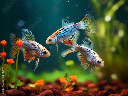 Guppies (Poecilia reticulata) gracefully swimming in a clear fish tank with visible bottom. photo