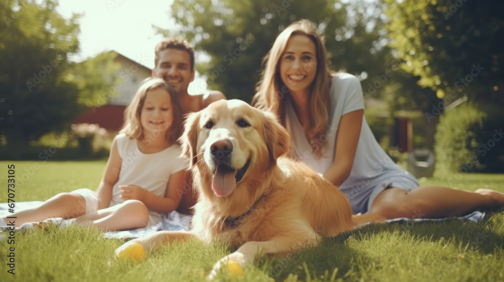 Portrait of a Happy Young Family Couple with a Son and Daughter, and a Noble White Golden Retriever Dog Sitting on a Grass in Their Front Yard at Home. Cheerful People Looking at Camera and Smiling. Portrait of a Happy Young Family Couple with a Son and Daughter, and a Noble White Golden Retriever Dog Sitting on a Grass in Their Front Yard at Home. Cheerful People Looking at Camera and Smiling.
