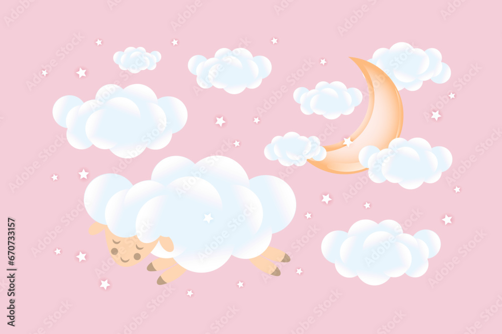 3D baby shower. Sheep sleep on a cloud with a growing moon with clouds on a pink background. Children's design in pastel colors. Background, illustration, vector.