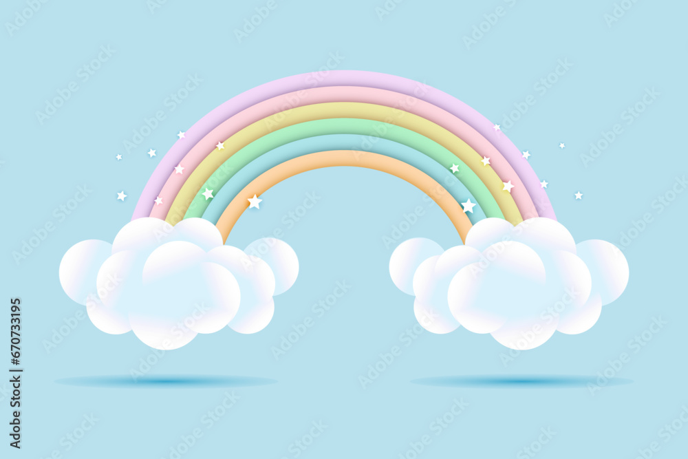3d baby shower, rainbow with clouds and stars on a pale blue background, childish design in pastel colors. Background, illustration, vector 3d baby shower, rainbow with clouds and stars on a pale blue background, childish design in pastel colors. Background, illustration, vector