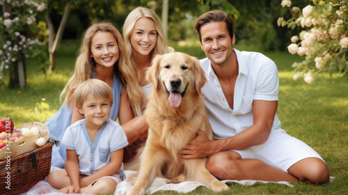 Portrait of a Happy Young Family Couple with a Son and Daughter, and a Noble White Golden Retriever Dog Sitting on a Grass in Their Front Yard at Home. Cheerful People Looking at Camera and Smiling.