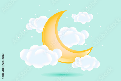 3d baby shower, waxing moon with clouds on a soft green background, childish design in pastel colors. Background, illustration, vector.