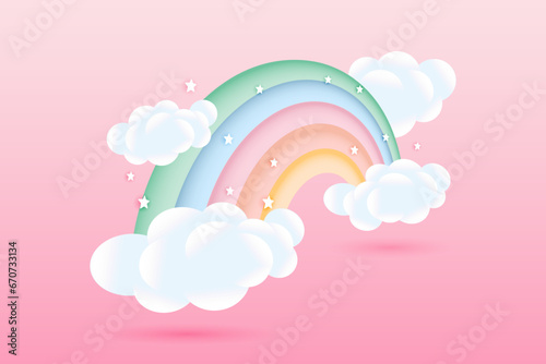 3d baby shower, rainbow with clouds and stars on a pink background, childish design in pastel colors. Background, illustration, vector