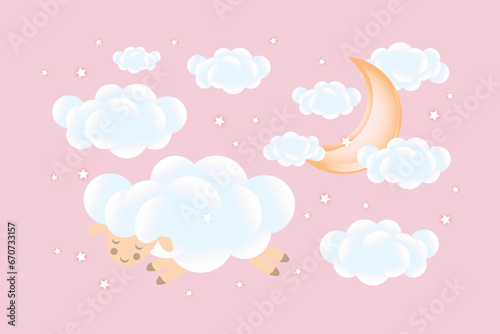 3D baby shower. Sheep sleep on a cloud with a growing moon with clouds on a pink background. Children's design in pastel colors. Background, illustration, vector.