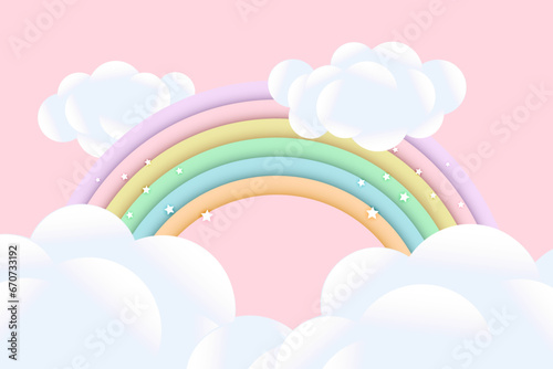 3d baby shower, rainbow with clouds and stars on a pink background, childish design in pastel colors. Background, illustration, vector