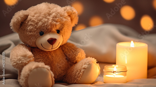 Cute teddy bear on the sofa next to candles. Generative Ai. © LeveL4
