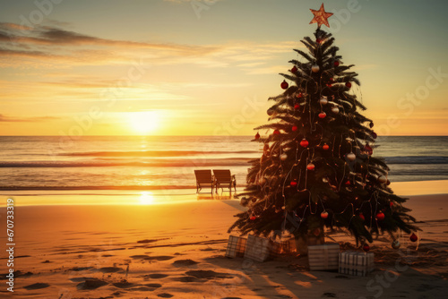 Christmas tree on the beach at sunset, concept for Christmas and New Year in warm countries