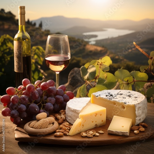 A captivating collage portraying the harmony of grape wine and savory cheese against a scenic backdrop.