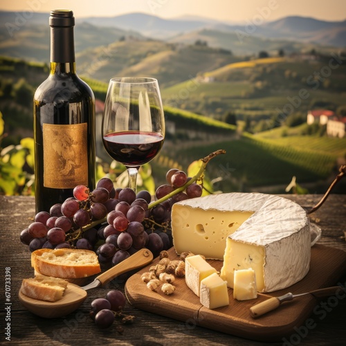 A picturesque collage showcasing mouthwatering grape wine and delicious cheese within a beautiful landscape.