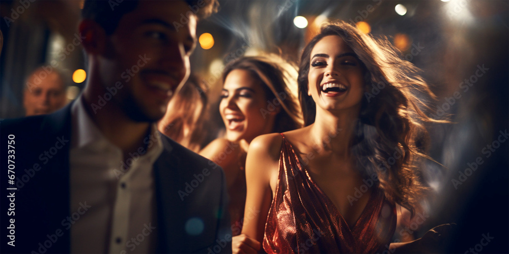 diverse group of friends going to a party at night diverse group of friends going to a party at night