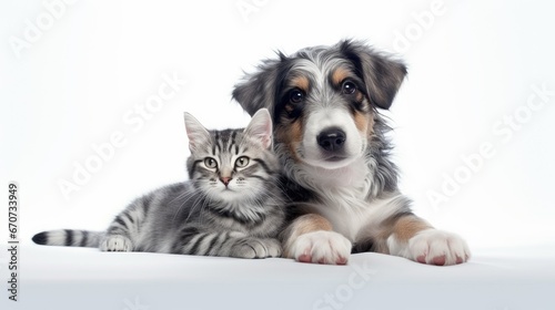 a dog puppy and a gray tabby cat happily interacting on a clean white background. The pets playfully engaged to convey their affection and charm. © lililia