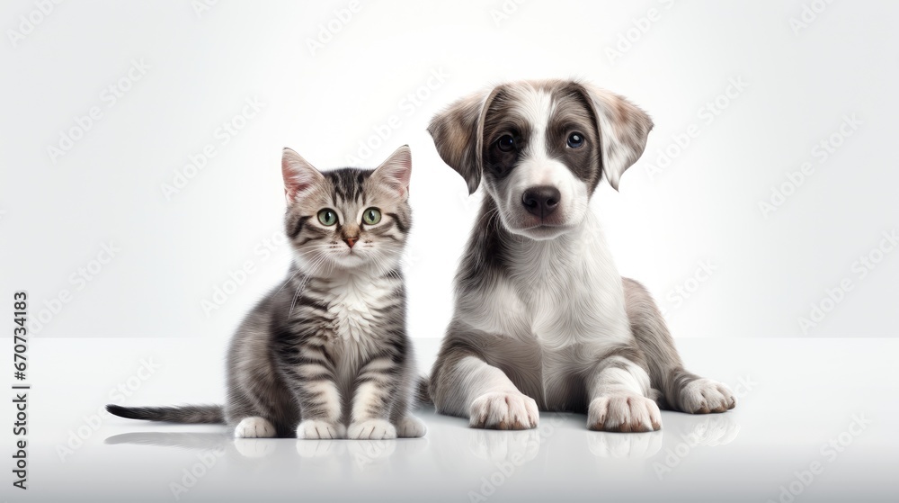 a dog puppy and a gray tabby cat happily interacting on a clean white background. The pets playfully engaged to convey their affection and charm. a dog puppy and a gray tabby cat happily interacting on a clean white background. The pets playfully engaged to convey their affection and charm.
