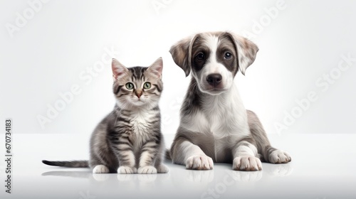 a dog puppy and a gray tabby cat happily interacting on a clean white background. The pets playfully engaged to convey their affection and charm.
