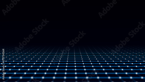 Network connection grid infinity background. Abstract dark backdrop with points and lines. Digital futuristic texture. Big data visualization. 3D rendering.