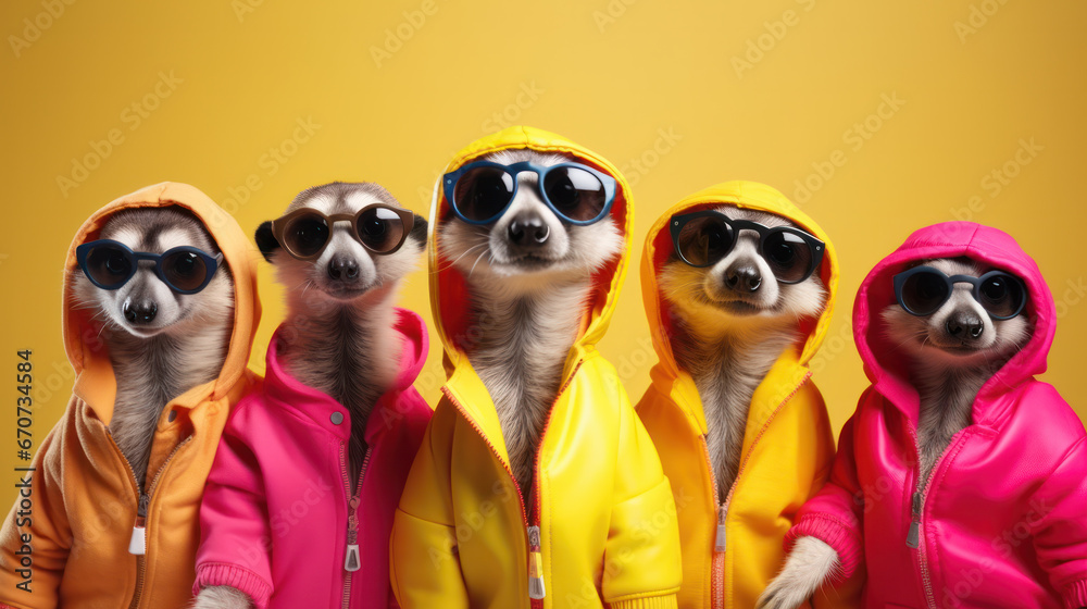 Funny meerkat dressed in funny dress isolated on yellow background