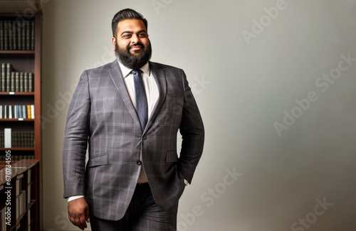 Plus sized Indian business man posing in his office. Generative AI