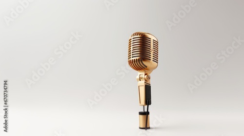 a media journalist's microphone on a light background with ample empty space on the left for text or graphics. The composition clean and professional.