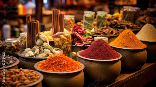 Colorful spices and dyes found at asian or african market photo