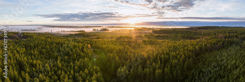 Scenic drone panorama photo of foggy sunrise over forest, landscape in North Sweden, golden sun light beams and shadows. Beautiful nature, Vasterbotten, northern Sweden, Umea, lens flare © Alexandre Patchine