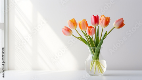Bouquet of tulips in glass vase near window. Copy space. 