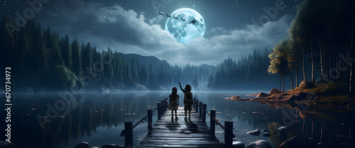 landscape of a lake at night and on the pier 2 children greeting Santa Claus under the moonlight photo