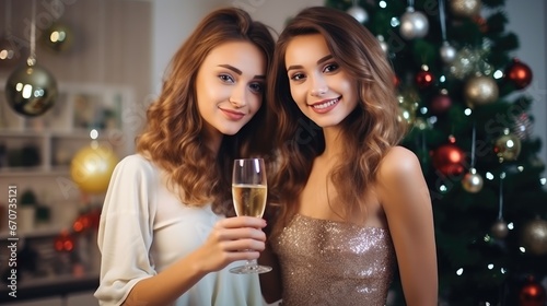 Christmas happy two girls with wine glass in the living room with a decorated Christmas tree, beautiful women with a glass of champagne in their hands