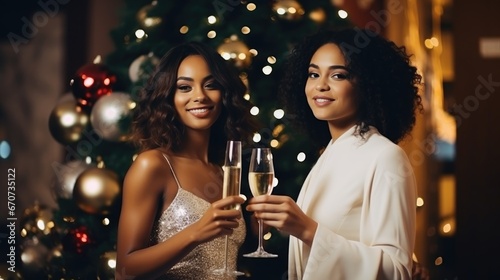 Christmas happy two girls with wine glass in the living room with a decorated Christmas tree, beautiful women with a glass of champagne in their hands