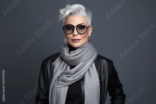 beautiful attractive elderly woman in stylish clothes and with hairstyle isolated on gray background
