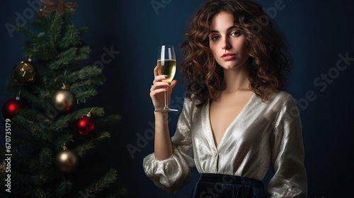 Christmas girl with wine glass in the living room with a decorated Christmas tree, beautiful women with a glass of champagne in their hands