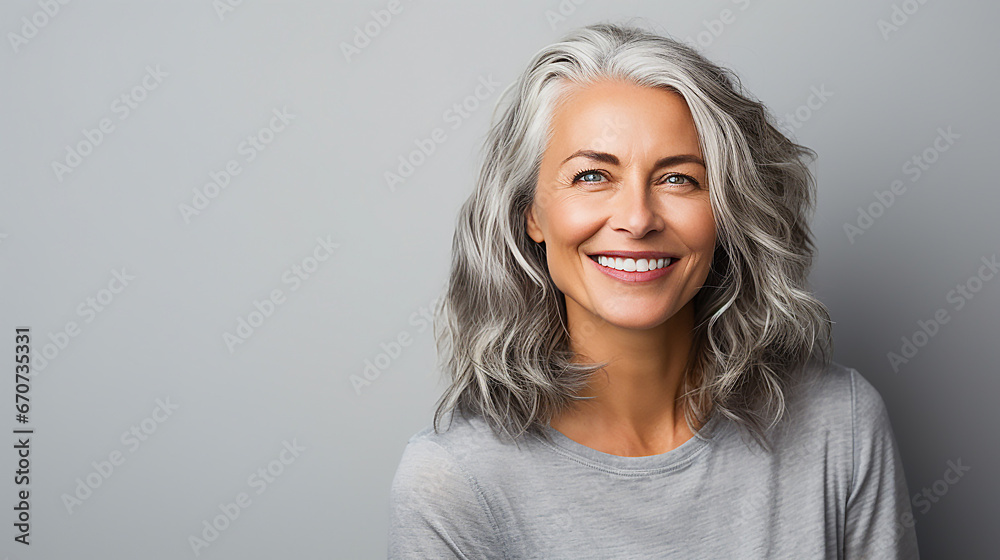 Obraz premium Middle-aged woman with beautiful gray hair with long hair, copy space available