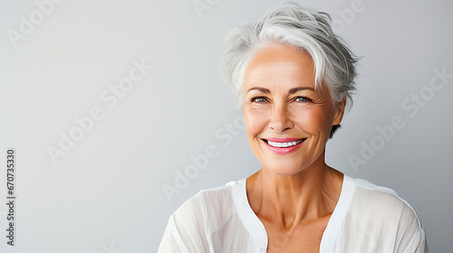 Middle aged woman with beautiful white hair, copy space available