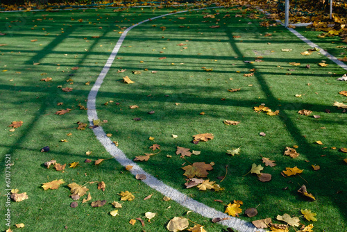 Autumn fallen leaves on the artificial turf of a football field