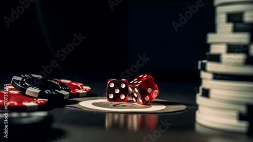Red dice and chips on a black background. Concept of gambling.