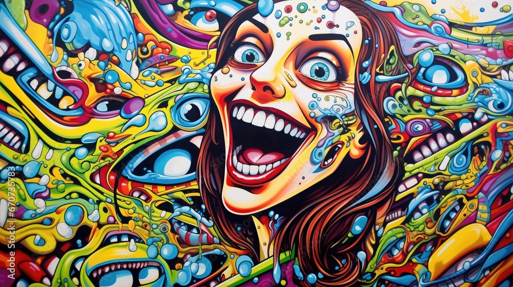 Psychedelic psychosis to wonderland, unbelievable world of strange monsters and trippy colors, bulging eyes and broad smile with white teeth, what a happy place to be.    