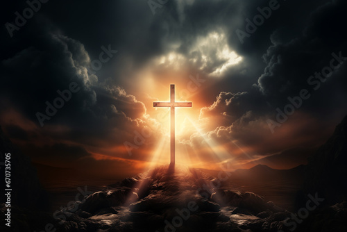 Holy cross symbolizing the death and resurrection of Jesus Christ shrouded in light and clouds at sunset