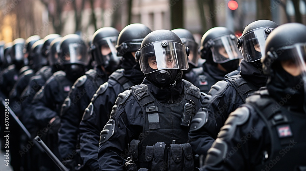 Obraz premium police officers in protective helmets and with shields on the street