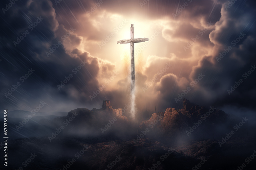Holy cross symbolizing the death and resurrection of Jesus Christ shrouded in light and clouds at sunset Holy cross symbolizing the death and resurrection of Jesus Christ shrouded in light and clouds at sunset