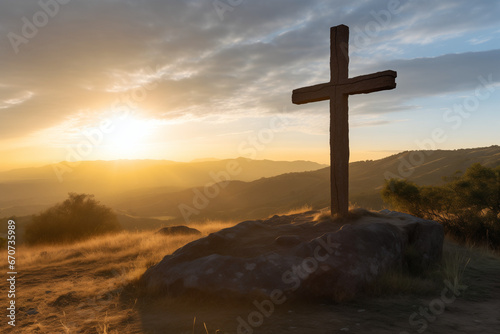 Holy cross symbolizing the death and resurrection of Jesus Christ shrouded in light and clouds at sunset