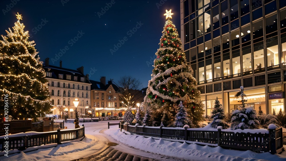 Weihnachtlich dekoriertes Haus in verschneiter Landschaft mit festlichen Lichterketten und Schnee auf dem Dach, Weihnachtsbaum im Garten, Weihnachtsstimmung, Berge und Schneelandschaft Weihnachtlich dekoriertes Haus in verschneiter Landschaft mit festlichen Lichterketten und Schnee auf dem Dach, Weihnachtsbaum im Garten, Weihnachtsstimmung, Berge und Schneelandschaft