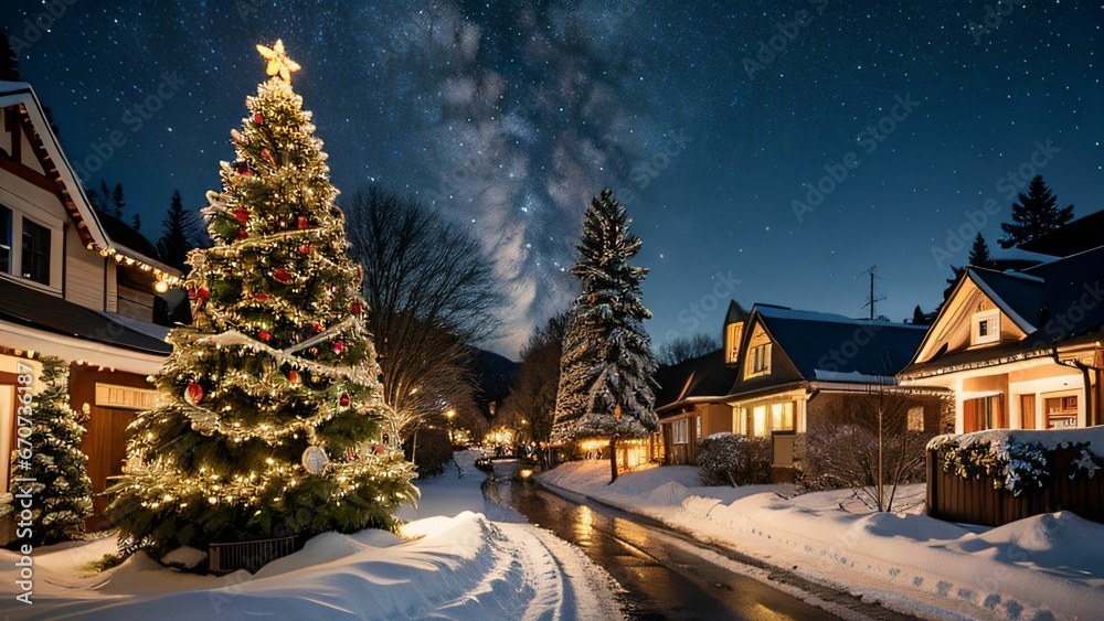 Weihnachtlich dekoriertes Haus in verschneiter Landschaft mit festlichen Lichterketten und Schnee auf dem Dach, Weihnachtsbaum im Garten, Weihnachtsstimmung, Berge und Schneelandschaft