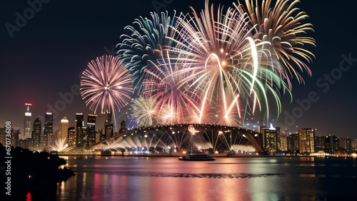Silvester Feuerwerk an Neujahr über der nächtlichen Großstadt über dem Fluss Höhenfeuerwerk, Feier, Party, Böller, Knaller © joernueding