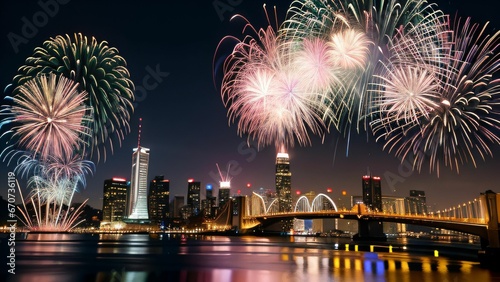 Silvester Feuerwerk an Neujahr über der nächtlichen Großstadt über dem Fluss Höhenfeuerwerk, Feier, Party, Böller, Knaller