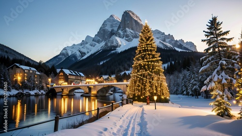 Weihnachtslandschaft mit beleuchtetem Weihnachtsbaum in verschneiter Bergkulisse © joernueding