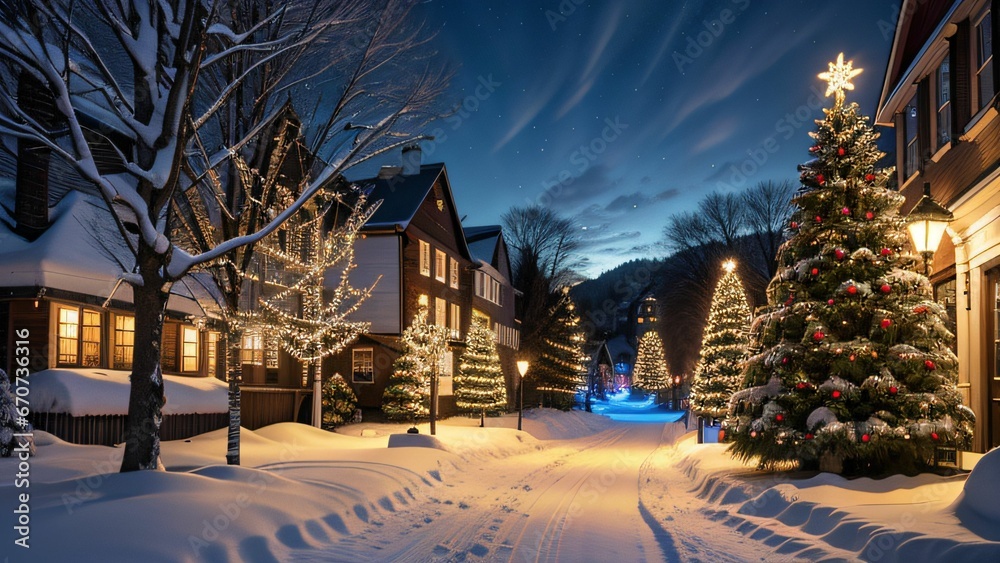 Weihnachtlich dekoriertes Haus in verschneiter Landschaft mit festlichen Lichterketten und Schnee auf dem Dach, Weihnachtsbaum im Garten, Weihnachtsstimmung, Berge und Schneelandschaft