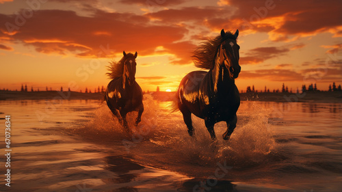 two horses on the water at sunset