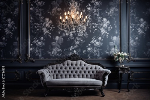 retro interior room with baroque wallpaper. 