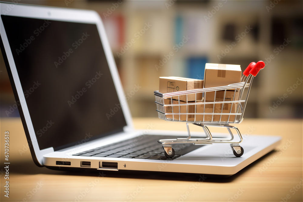 Product package boxes in shopping cart and laptop computer for online shopping and delivery concept